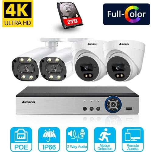4CH 4K POE NVR Kit Outdoor Bullet Camera System 8MP Colorful Night Two way Audio IP Camera CCTV Video Security Surveillance Kit