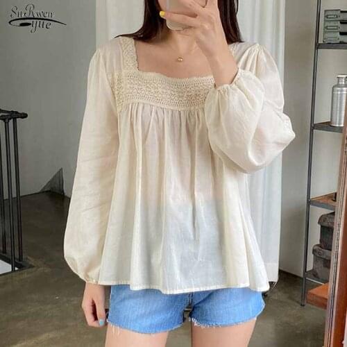Lace Square Collar Slim Fit Tops Women Splicing Solid Loose Casual Shirt Pullover Retro Sweet Long Sleeve Blouse Blusas 11270