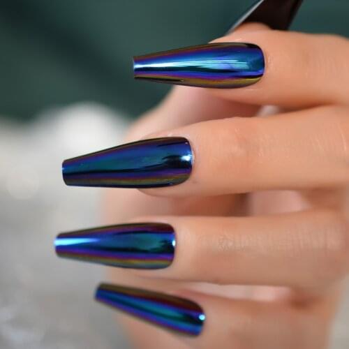 Super Long Holo Blue Purple Fake Nails Coffin Mirror Chrome Press on Ballerina Acrylic False Cosplay Party Salon Nails Tips