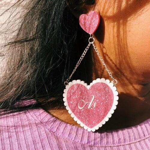 Shinning Glitter Heart Acrylic Dangle Earrings For Women Pendant Statement Long Link Chain Pink Red Drop Earrings Bijoux Jewelry