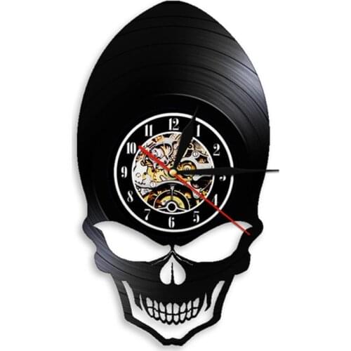 Goth Scary Wide Cheekbones Eyes Skeleton Vintage Vinyl Record Wall Clock Demon Alien Skull Hanging Watches Halloween Decor