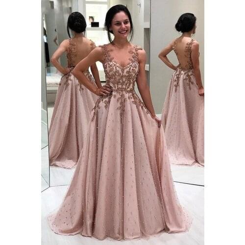 Sweetheart Amazing A-line Appliques Pearls Prom Dresses Long Illusion Backless Floor Length Evening Gown Pink Prom Dress