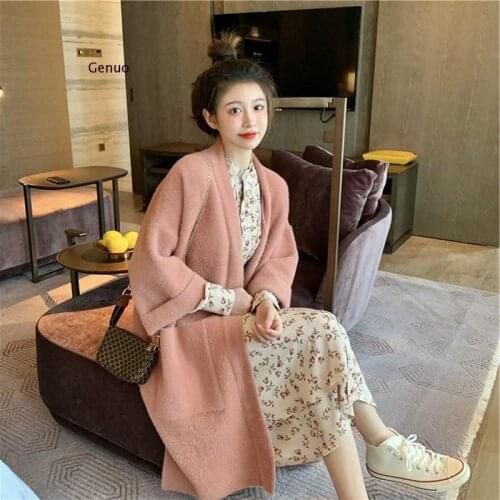 Women Autumn Winter White Mink Cashmere Long Sweater Coat Big Sleeve Knitted Cardigan Jacket Oversized Cloak with Pocket