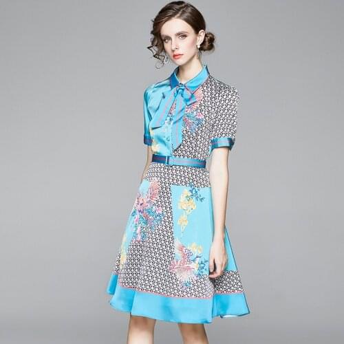 2021 Womens Summer Dress European Retro Lapel Printed Lace-up Short-sleeved Dress New Waist Female Dresses X506