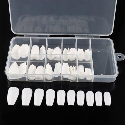 100Pcs Multi-size False Nail Tip Long Coffin Shape Full Cover False Fake Nails Art Tips DIY Acrylic UV Gel Glue Clear White #F