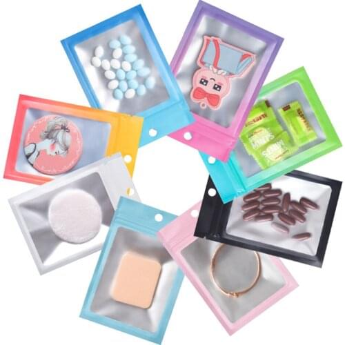 100Pcs Colorful Clear Windiw Zip Lock Bag with Hang Hole Tear Notch Biscuits Candy Food Tea Reusable Storage Packaging Pouches