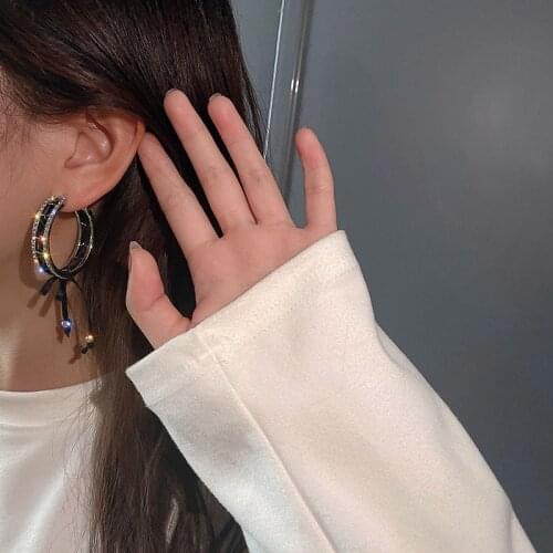 2021 Korean fashion bow flannel inlaid rhinestone net celebrity art fan earrings