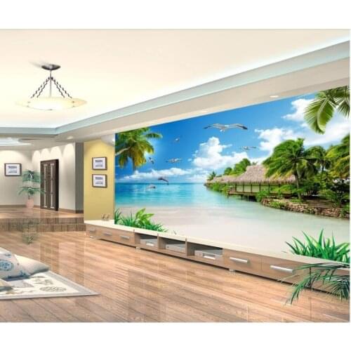 Custom photo 3d wallpaper Beautiful sea view coconut palm dolphins living room home decor 3d wall murals wallpaper for walls 3 d