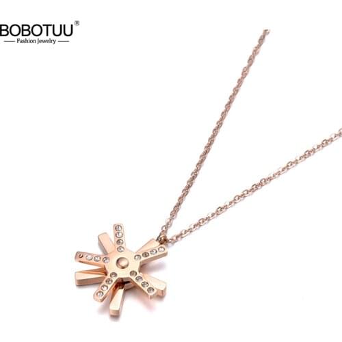 BOBOTUU CZ Crystal Double Rotating Snowflake Chokers Necklaces For Women Rose Gold Stainless Steel Pendant Jewelry BN19028