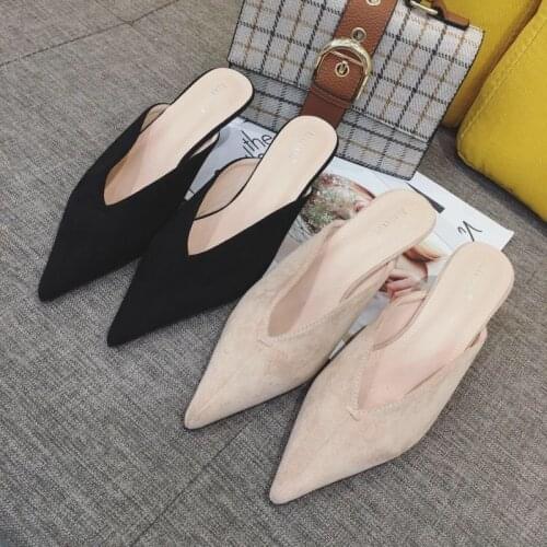 Brand flock pointed close toe slippers women summer mew elegant ladies mules lazy slingback cat heel slippers retro granny shoes