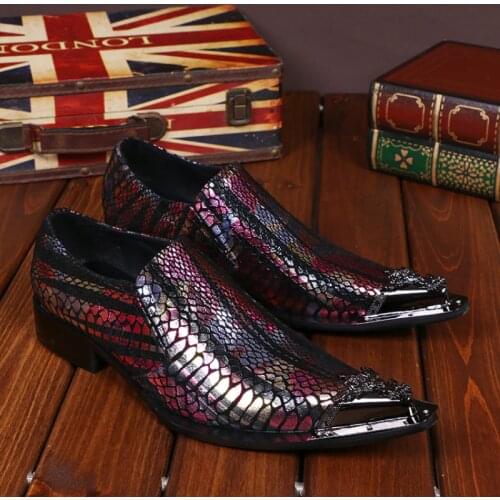 Christia Bella Metal Carved Flowers Pointed Toe Man Plus Size Shoes Multicolor Serpentine Genuine Leather Mens Nightclub Shoes