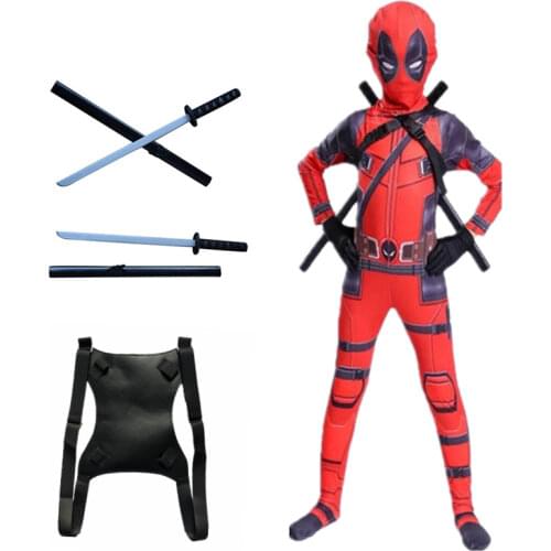 Child&Adult Deadpoo Superhero Cosplay Jumpsuit Costume Boy Halloween/Christmas/Carnival/ Sword Props Backpack Full Set Gifts