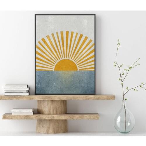 Sunburst Illustration Mid Century Canvas Painting Posters Prints Sun and Sea Landscape Boho Wall Art Pictures Home Room Decor