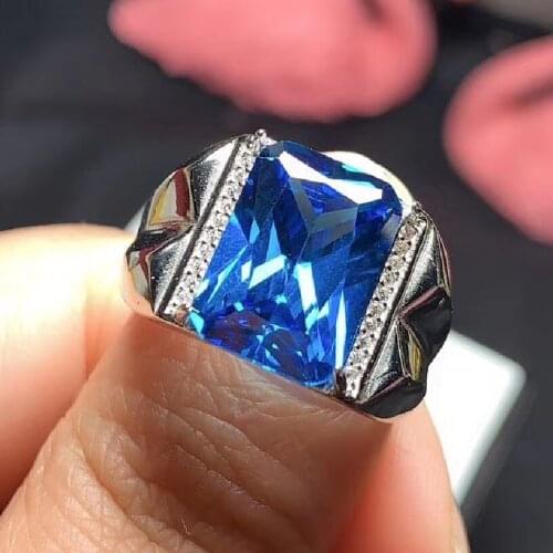 New Arrival Fashion Men rings Natural real topaz rectangle big Stone 925 sterling silver 10*14mm