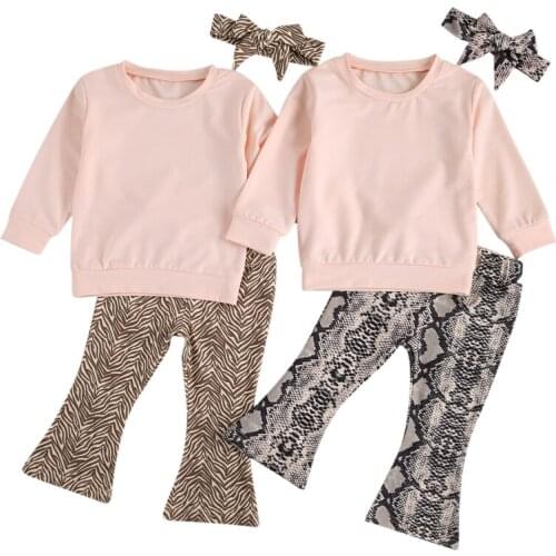 2021 0-3Y Spring Autumn Baby Girls Clothes Sets 3pcs Long Sleeve Pullover Solid Sweatshirt Tops Snakeskin/Leopard Pants