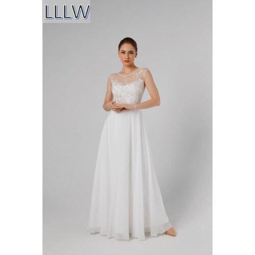 Boho Ivory Lace Chiffon Sleeveless Floor-Length A-Line Wedding Dresses Custom Made Bridal Gowns