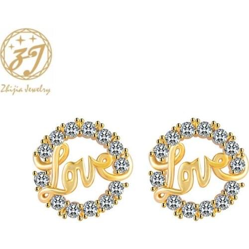 Zhijia new trendy golden crystal rhinestone zircon love stud earrings for women valentines day gifts