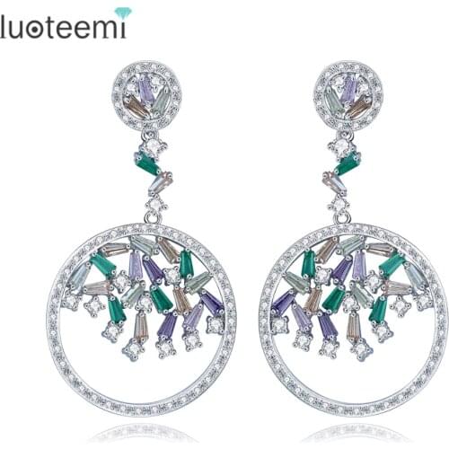 LUOTEEMI Wholesale White Gold color Luxury Artificial Multi CZ Zircon Dangle Earrings For Women Brincos Bijoux Wedding Jewelry