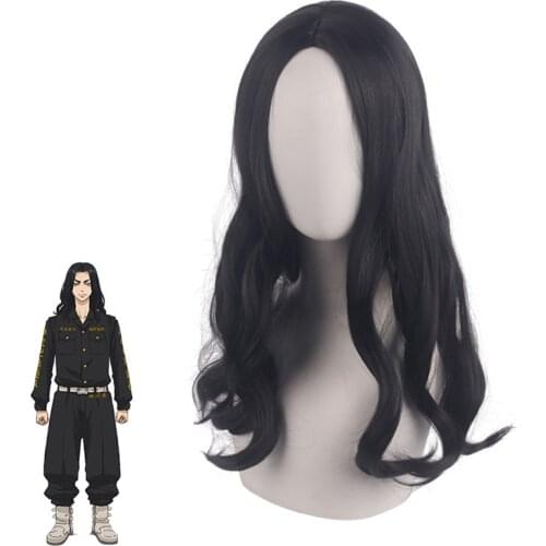 45cm Anime Tokyo Revengers Cosplay Baji Keisuke Wig Role Playing Wigs Halloween Cosplay Long Black Hair Wig Cap