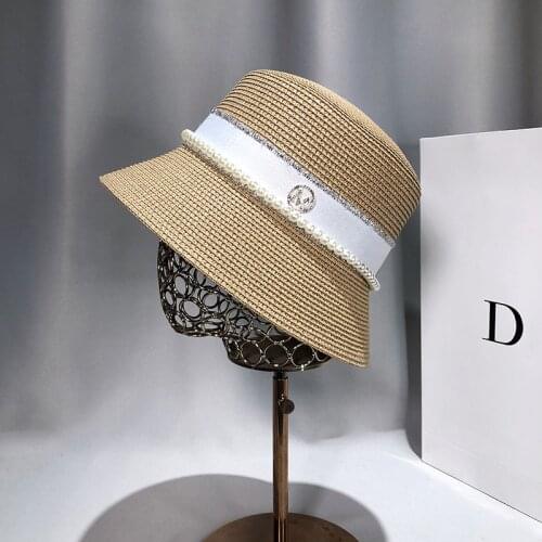 Sun Hats For Women Fashion Pearl Straw Hat Female Dress Hat Womens Summer Caps Vacation UV Beach Hat Flat Top Hat