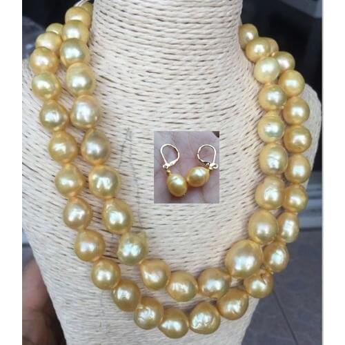 Gorgeous 13-14mm south sea gold pearl necklace earring 38inch