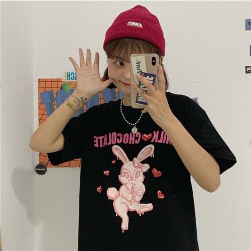 Vintage pink cute rabbit letter print kawaii tops Summer T-shirts casual loose female Harajuku Chic Cartoon anime Women clothes