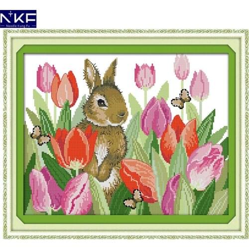 NKF The Rabbit In Tulips Cross Stitching Handmade Craft Needlework Cross-Stitch Embroidery Kit Cross Stitch for Home Decor
