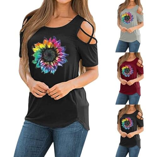 Women Short Sleeve Round Neck Sunflower Printing T-Shirt Exposed shoulders Tee Tops Solid Color Blouse Daily All-match T-shirt