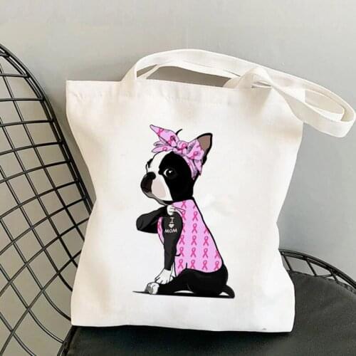 Shopper Pink Bandanas Boston Terrier I LOVE MOM Printed Tote Bag women shopper handbag girl Shoulder shopping Lady Canvas Bag