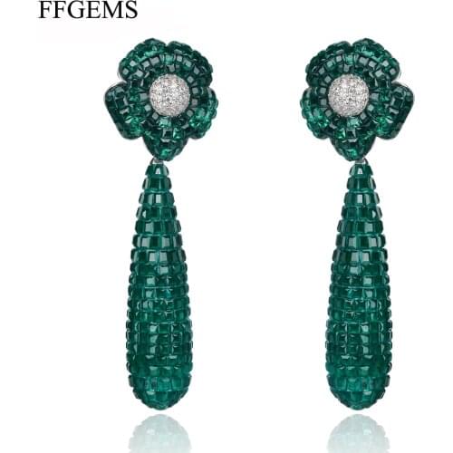 FFGems New Design 925 Silver Drop Big Earring Flower Created Nano Ruby Emerald Invisible Fine Jewelry Women Wedding Party Gift