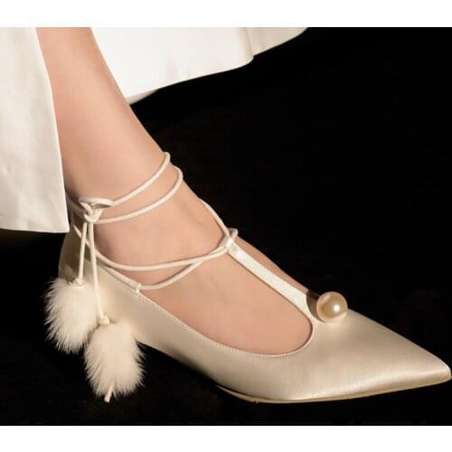 T-strap Ladies Shoe Pumps Shoes For Brides Pointed Toe Lace-up Thin Heels Wedding Shoes Pearl Shallow Sweet White Single Shoes