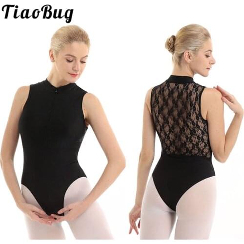 TiaoBug Adult High Neck Sleeveless Stretchy Lace Splice Women Gymnastics Bodysuit Ballet Leotard Stage Performance Dance Costume