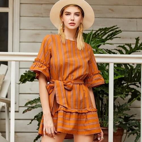 O neck Women Elegant Short Sleeve Striped Dress Vintage Summer Sundresses Mini Vacation Casual Dress Spring Dresses 2020