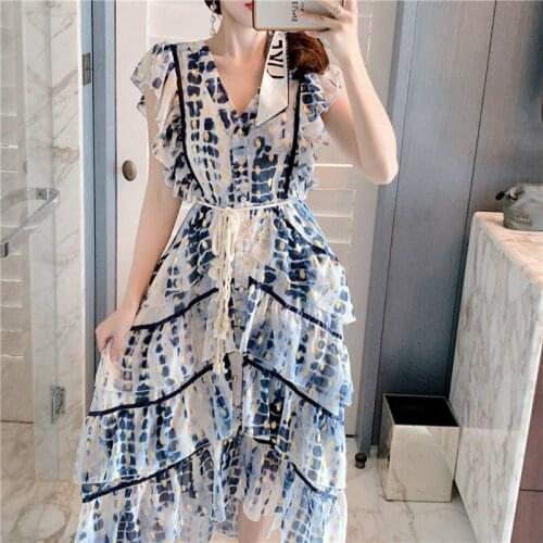 2021 Summer Beach Cascading Ruffles Holiday Dress Womens Sleeveless V Neck Ink Printing Lace Up Single Breasted Party Vestidos