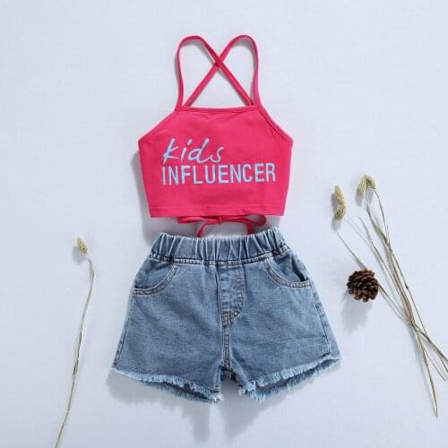 2Pcs Kids Summer Tracksuit, Letters Cross Strappy Backless Tank Tops + Elastic Waist Denim Shorts Baby Girls Clothes 1-5 Years