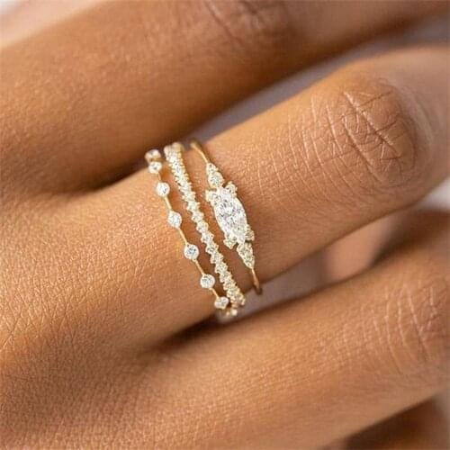 3 Pcs/set Crystal Zircon Gold Ring Set Trendy Finger Rings for Women Female Engagement Wedding Ring Fashion Jewelry