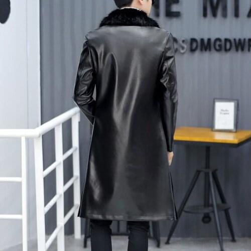 Motorcycle PU Leather Faux Fur Collar Mens Long Coats Winter Korean Long Sleeve Single Breasted Slim Male Trench Coats Plus Size