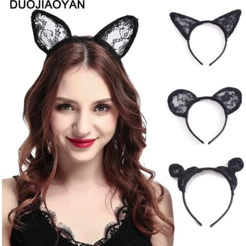 DUOJIAOYAN New Cute Dance Party Headwear Sexy Girls animal Headpiece Women adjustable Hair Band Black Lace Cat Ears Headband
