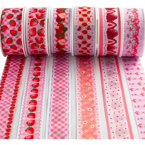 Strawberry With Check Printed Double Faced Grosgrain Ribbon 10 Yards for DIY Hair Bow Metarials