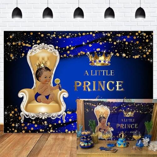 Royal Prince Baby Shower Backdrop Blue King Chair Crown Newborn Photo Background Ethnic Baby Golden Glitter Backdrops Photocall
