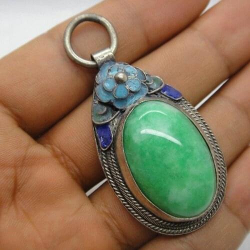 China Tibet-Silver Inlay Natural Jade Cloisonne Blue Flower Pendant Necklace Collection Ornaments Decoration