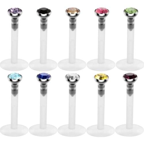 Lot of 10pcs Bioplast Flexible Colorful Gem Push-in Labret Stud Lip Ring Piercing Charming Fashion Ear Cartilage Tragus Jewelry