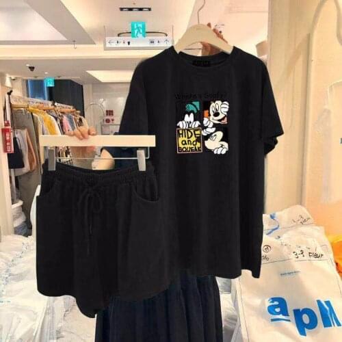 Disney 2 Piece Sets Womens Outfits Summer Fashion Cotton Short Sleeve T Shirt Shorts Mickey Print Casual Tracksuit Female Suits