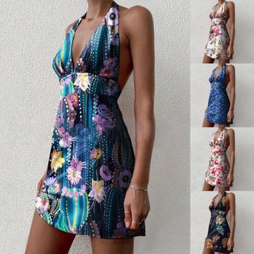 Hot Sales!!Sexy Women Dress Sleeveless Backless Floral Print Deep V Neck Halter Backless Mini Dress for Party