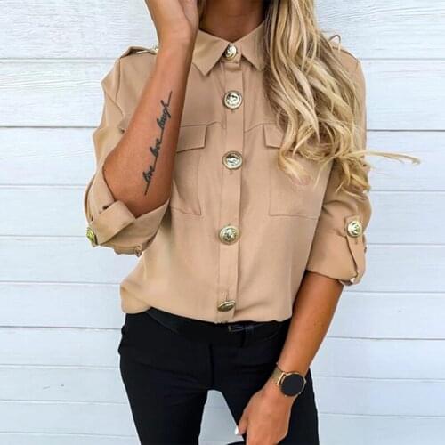 Fashion Ladies Elegant Solid Color Shirt Women Button Blouse With Pocket Female High Quality Turn-down Collar Shirt For Women
