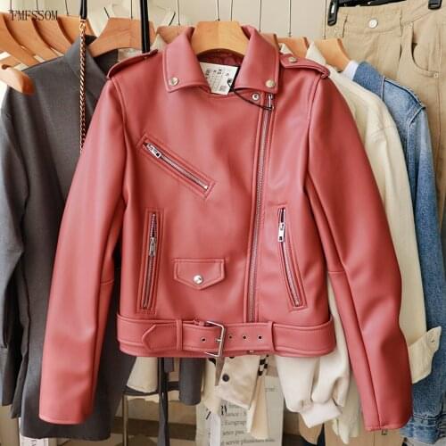 FMFSSOM 2021 New Spring Woman Faux Leather Turn-down Pink Collar Short Coats Women Casual Motorcycle Classic Style Pu Jacket