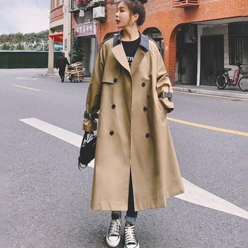 Womens Khaki Windbreaker Long 2021Early Spring Autumn New Loose Plaid Lapel Double-Breasted High-Quality Lining Fashion Coat 9N