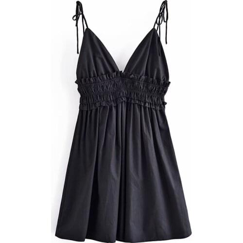 New Women Vogue Solid Elastic Waist Mini Dress V-Neck Thin Straps Backless Vintage Female Dresses Woman Robe femme