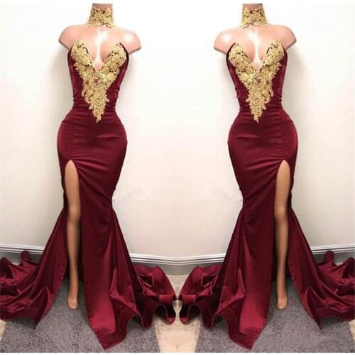 Платье Gold Lace Appliques Sexy Mermaid High Neck Front Split Prom Dress Burgundy Elastic Satin Evening Dress فساتين السهرة