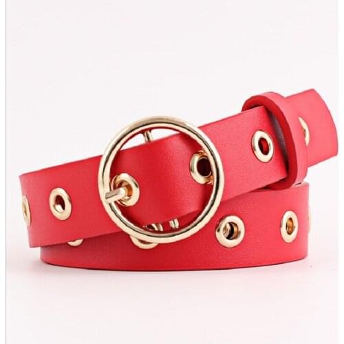 2018 New Gold Round Metal O Ring Belt Female Black Red Brown pu Leather Waist Belts for Women Jeans Pants eyelet Ceinture femme